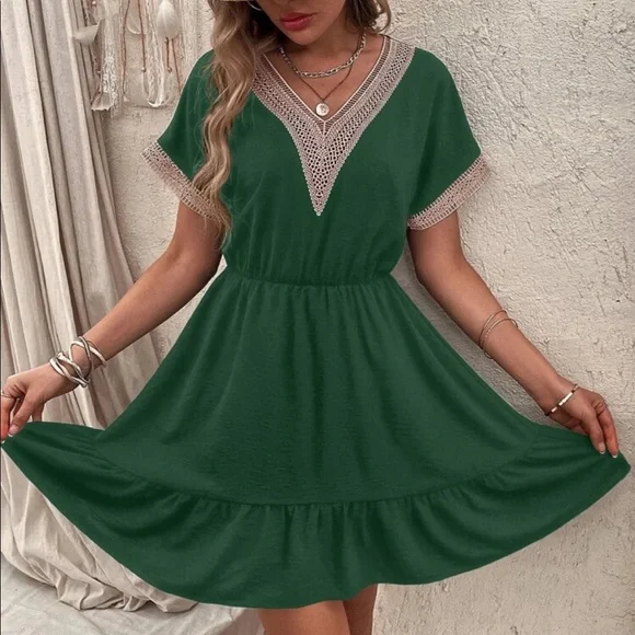 Boho Sheer Mesh Crochet Lace Flounce Sleeve Ruffle Dress - Picture 12 of 15